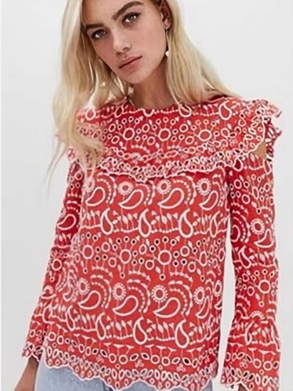 River Island Red Paisley Cold-Shoulder Ruffle Blouse Sz 12